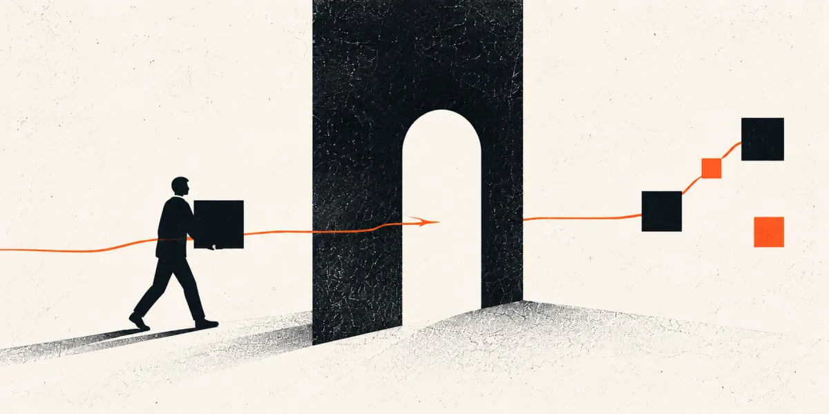 A person carries a box through a doorway in a wall; the line they follow continues on the other side.