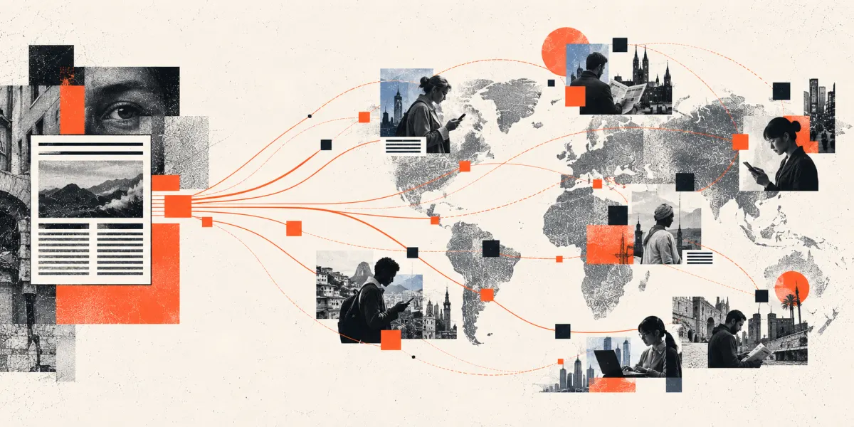 Lines run from a single newspaper page directly to readers across a world map.